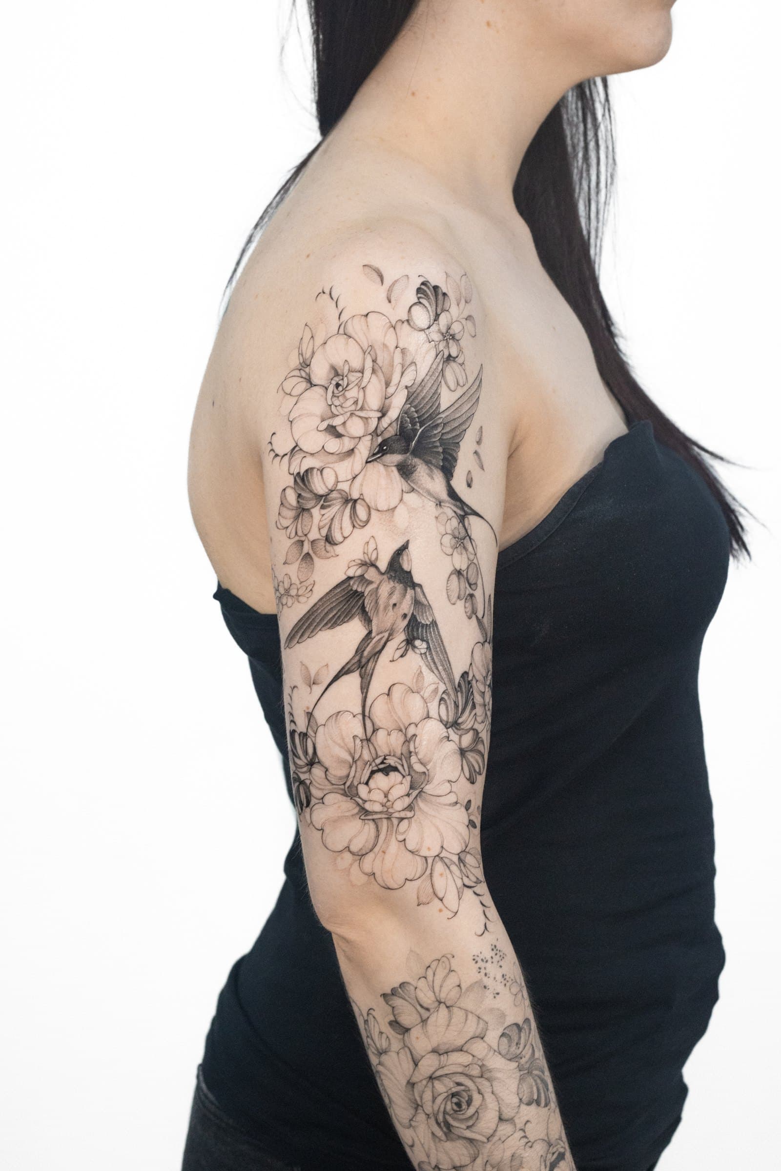 Peonies and swallows, tattoo by Nicolly