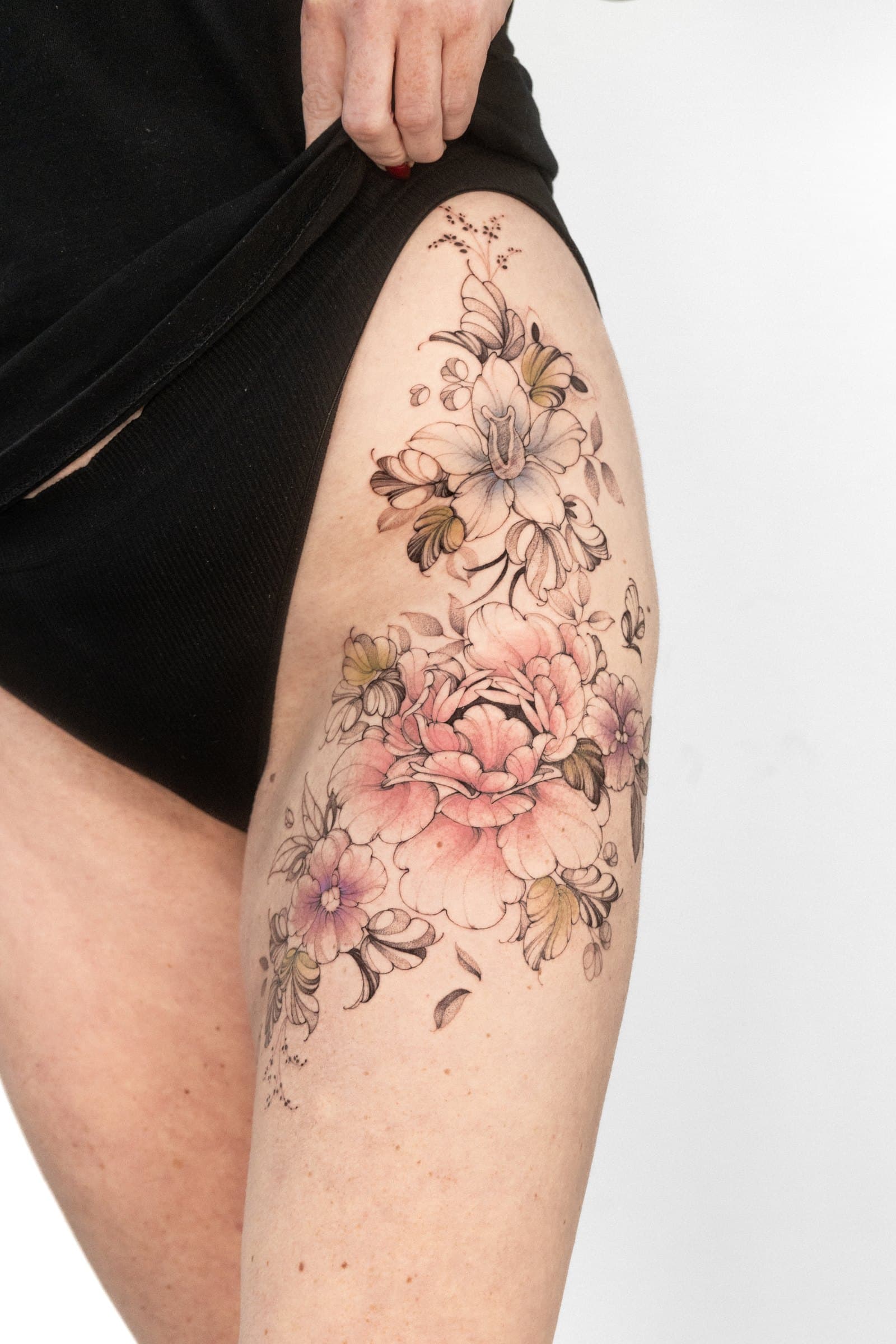 Peonies with a pink wash, tattoo by Nicolly