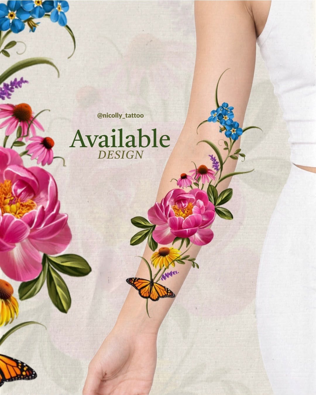 Peony, wildflowers and a monarch flash design